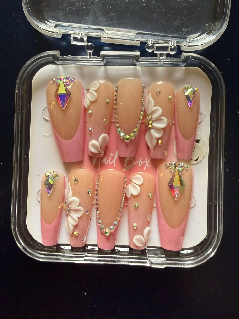 Handmade Acrylic Pink & Nude Rhinestone 3D Floral Press-On Nail Set